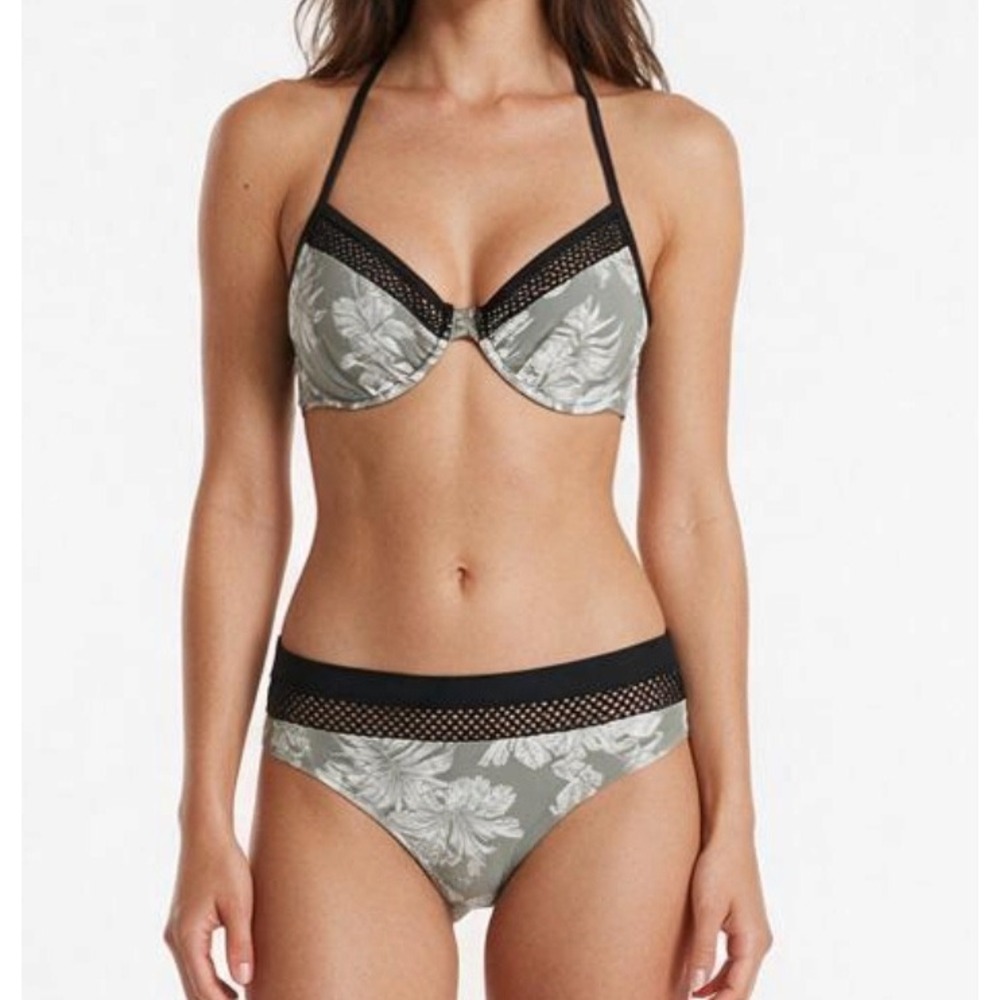 SKYE Green Hibiscus Floral BIKINI SWIM SUIT SET Underwire Black Mesh S & D-CUP